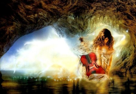 hear the music - cave, water, violin, girl, light