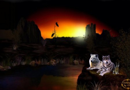 Night Of Fire 1280x1024 - wolf, lakes, wolves, animals, sunsets, mountains