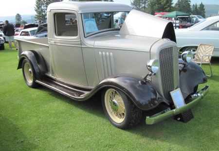 1935 Chevrolet silver truck - headlights, silver, yellow, tires, grass, brown, chevrolet, truck, trees, green