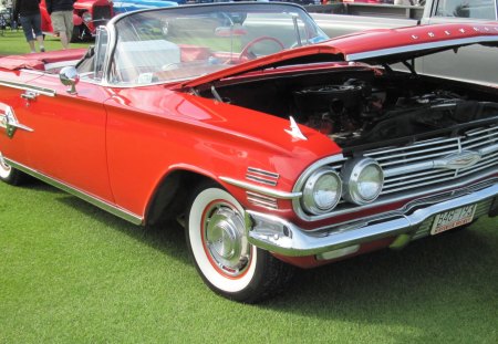 1960 Chevrolet Impala Convertible Coupe - white, red, headlights, chevrolet, black, photography, tires