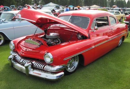 1951 Lincoln Mercury - tires, headlights, blue, Engine, grass, Photography, mercury, nickel, black, red, green, Lincoln