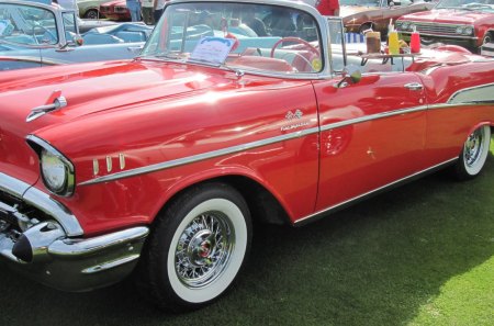 1957 Chevrolet Bel Air - headlights, Tires, grass, Photography, Chevrolet, black, white, red, green, tray