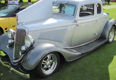 1934 Ford coupe - nickel, photography, tires, ford, black, headlights, silver, yellow, green, grass