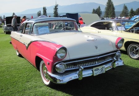 1955 Ford Crown Victoria - cream, trees, tires, headlights, grass, Photography, pink, nickel, black, Ford, white, green, mountains