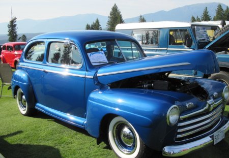 1946 Ford Tudor model - trees, tires, grass, Photography, nickel, black, Ford, white, blue navy, green, mountains