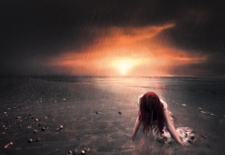 Regretful - regretful, girl, sad, water, sunset, fantasy