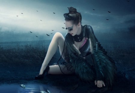 Black Swan - black swan, girl, water, gothic, fantasy, birds