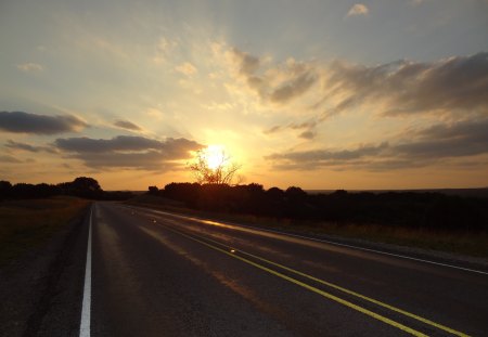 Sunset Road - sky, road, clouds, trees, sunset