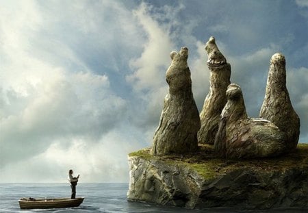 the serenade of the boatman - stone figures, guitar, fantasy, boatman, statues