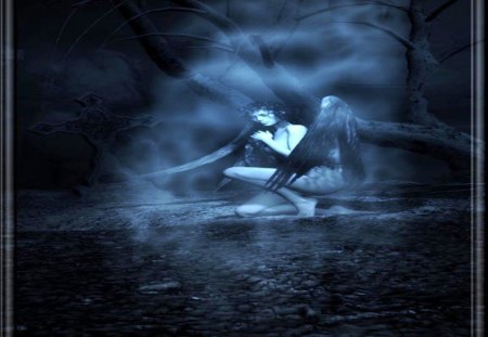 Blue Fallen - angel, sad, water, wings, night, fantasy, blue, fog, fallen, tree