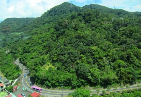 Overlooking - overlooking, mountain, bus, house, road