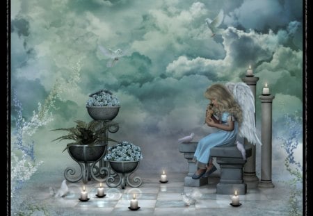 Angels Garden - clouds, fantasy, garden, girl, angel, candles