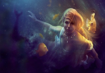 Depths of Gold - girl, water, fish, fantasy, gold