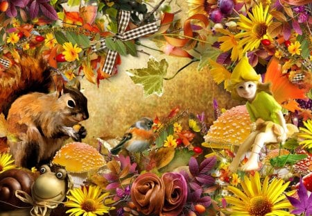 Fall Fun in The Garden - bird, whimsical, daisy, leaves, flowers, garden, gerbera, ribbons, bows, gold, orange, fleurs, toad stools, fall, autumn, mushroom, fairy, cute, squirrel