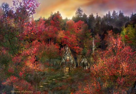 autumn hideaway - cottage, sky, art, trees