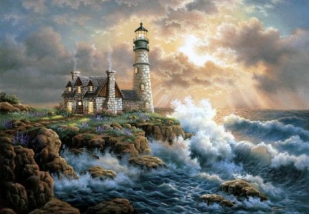 house andb lighthouse - cottage, shoreline, lighthouse, water, sunset, rocks, nature, painting, art, clouds