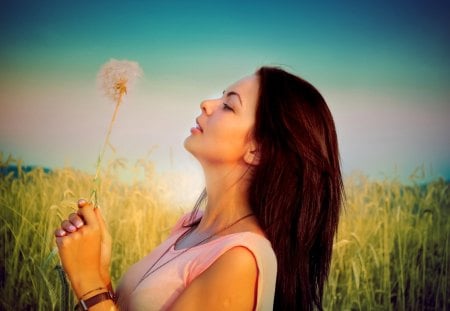 SWEET DANDELION - girl, dandelion, brunette, field, model