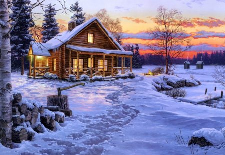 By Darrel Busch - darrel busch, winter, sunset, paiting, snow, art