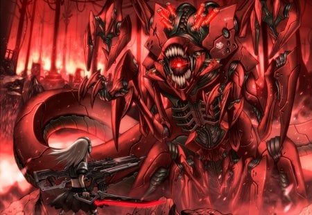 Mecha vs Girl - battle, girl, anime, sword, mecha