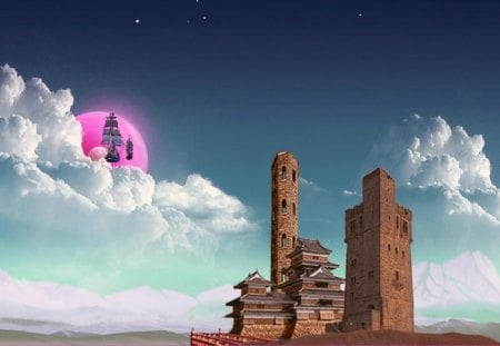 CLOUD CITY - moon, sky, ship, stars, pink, clouds, blue, city