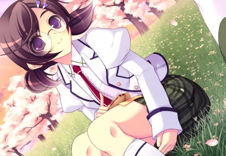 Toi Fuuka - anime school girl, anime girl, white, cherry blossom, sakura, pochi to goshujin-sama, pink, green, anime, toi fuuka