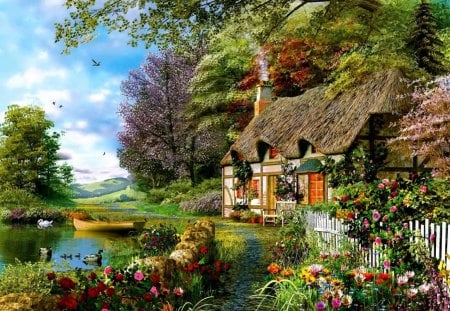 Summer in countryside - summer, cabin, reflection, calmness, flowers, countryside, lake, nice, cottage, sky, clouds, greenery, trees, water, beautiful, lovely, village, colorful, river, painting, serenity, peaceful