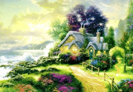 Small house on seashore - nice, waver, cottage, sunshine, sun glow, sundown, trees, greenery, sunset, painting, pretty, seashore, house, grass, garden, rays, ocean, sunlight, mountain, shore, lovely, waves, nature, beautiful, cabin, sailboat, flowers, sunrise, sea