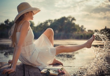 * Enjoy * - hat, water, weekend, book, sunshine, lovely, tree, flowers, white dress, nature, cute girl, lake, splash, sky