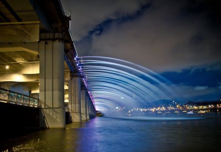 banpo bridge in japan - night, bridhe, waterfall, lights