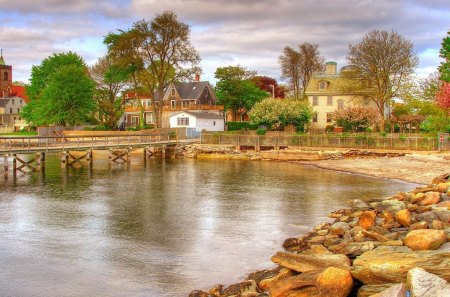 wonderful coastal village hdr - village, pier, cove, church, hdr, rocks