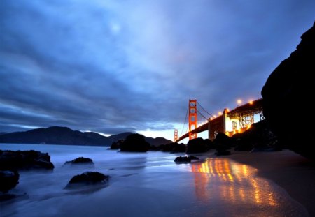 Golden Gate - beauty, beach, peaceful, rocks, san francisco, view, reflection, evening, architecture, bridge, sand, ocean, lovely, nature, beautiful, golden gate, splendor, sea, lights