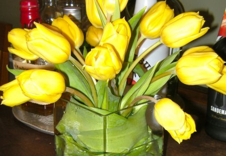 EVENING WITH TULIPS - love, light, tulips, fashion, bright, entertainment, evening, yellow, forever, floral, romance, bottles