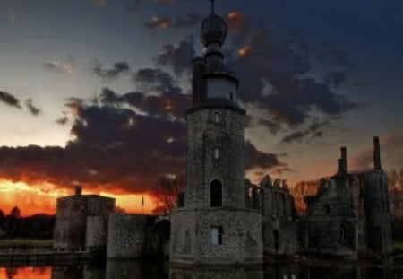 Dark Castle - clouds, sunset, water, architecture, dark, castle, other