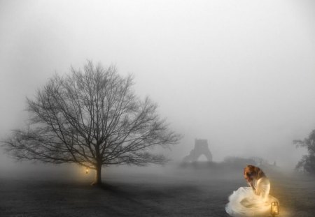 Dream Haven - gown, girl, haven, light, tree, fantasy, drea, mist, castle ruins