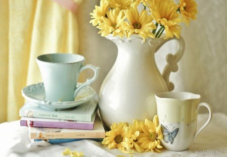 A Litttle Sunshine - flowers, cups, nature, yellow, sunshine, china, floral, books