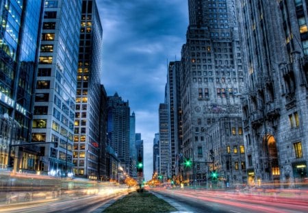 chicago boulevard hdr - city, boulevard, hdr, skescrapers, lights