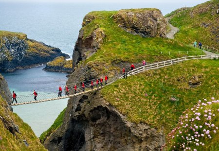 amazing coastal hanging bridge - coast, sea, grass, hikers, bridge