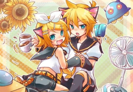 Neko Rin & Len - vocaloid, yellow, project diva, kagamine len, cat ears, ice cream, rin, kagamine rin, sunflower, other, len, neko, neko spaceship, fan, tea, orange, video games