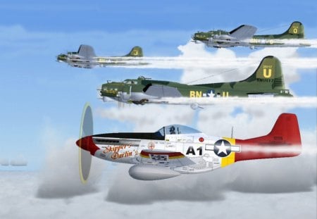 Bombing escorts by red tails. - aircraft, red tails, vintage, military