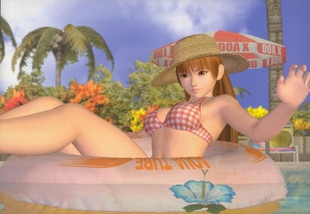 Kasumi - kasumi, hat, female, girl, orange eyes, games, dead or alive, bikini, orange hair, anime, doa, video games, pool