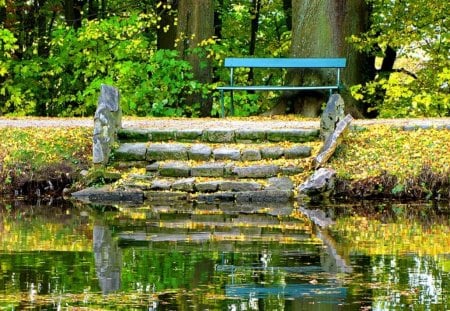 Place for rest - stairs, autumn, trees, riverbank, peaceful, water, bench, calm, fall, flling, reflection, river, alleys, pond, garden, relax, lake, park, summer, shore, place, nature, forest, rest, leaves