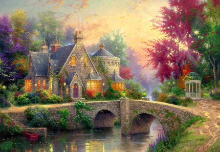 Lovely countryside place - cottage, riverbank, countryside, stream, colorful, creek, reflections, reflection, river, afternoon, mountain, nature, forest, beautiful, cabin, nice, trees, peaceful, water, gazebo, calm, painting, pretty, calmness, house, bridge, morning, shore, lovely, serenity, village, flowers, lights