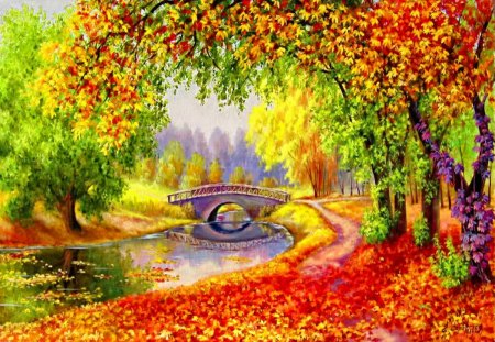 Autumn forest river - calm, quiet, yellow, creek, stream, forest, reflection, leaves, shore, riverbank, red, lake, place, falling, water, pond, fall, colorful, river, nature, green, autumn, painting, serenity, peaceful, foliage