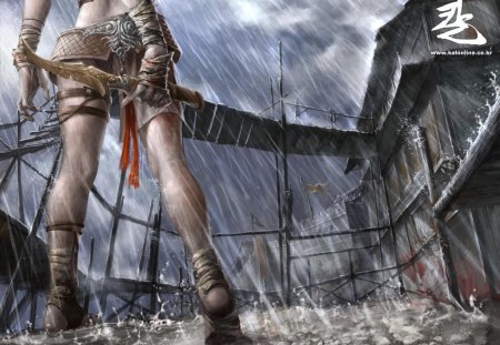 Kal - clouds, female, girl, kal online, kal, knife, rain, weapon, dagger, games, video games, lone, sky