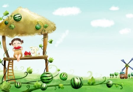 Sweet Melon - watermelon, watermelon vine, dog, hut, windmill, child