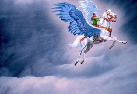 Fantasy Flight - clouds, rider, flying, pegasus, sky