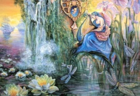 Maiden By The Stream - harp, dragonflies, waterlilies, maiden, ships, stream