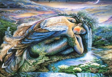 Mermaid Angel - woman, sky, aqua, stream, water, fantasy, painting, art, moon, girl, frogs, waterlilies, blue, mermaid, mermaid angel, fish, josephine wall, flower