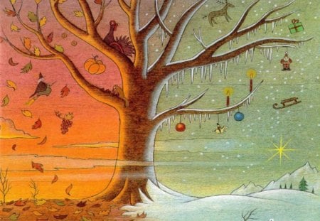 Autumn, Winter Tree - witch, half winter, half autumn, snow, autumn leaves, tree