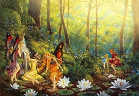 Wood Fairies - woodland, faeries, girl, butterfly wings, stream, water, wings, waterlilies, water lilies, woods, boy, fairies, flowers